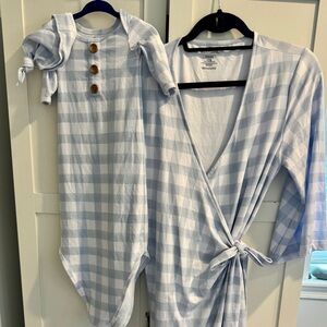 Caden Lane Dusty Blue Gingham Robe - One Size Fits Most and Newborn gown hat